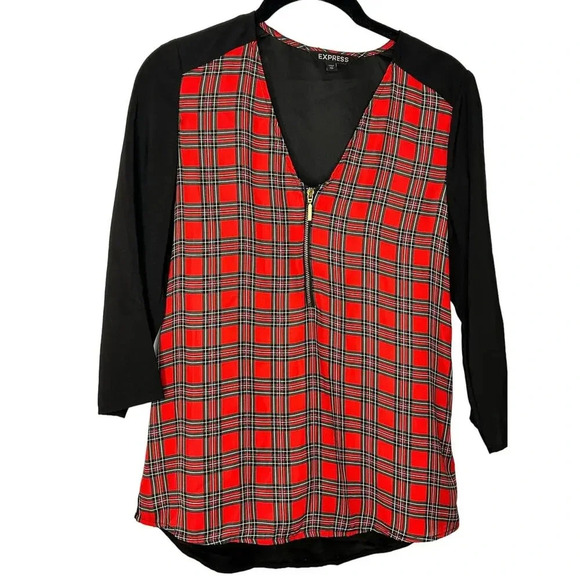 Express Plaid 3/4 Sleeve Blouse V-Neck Quarter Zip Size Small Holiday Christmas - Picture 1 of 6